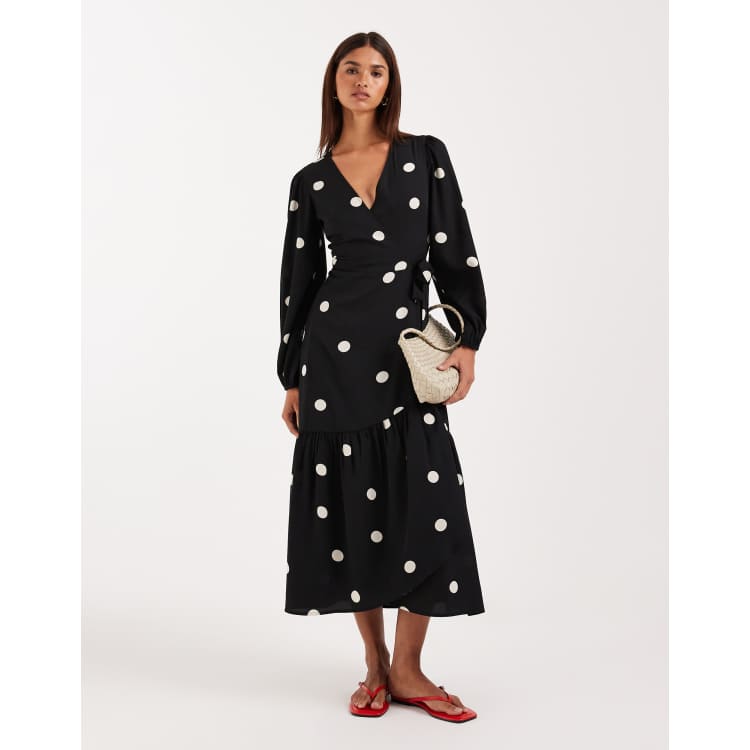 Wednesday's Girl long sleeve wrap around midaxi dress in polka