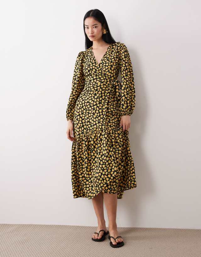 wrap around dress Wednesday's Girl long sleeve midi in yellow floral Length:Floor Length with Train Back Neck Designs For ADRIANNA PAPPEL Modern this dress is perfect