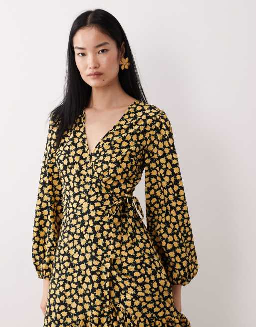 Wednesday's Girl long sleeve wrap around midi dress in yellow floral | ASOS