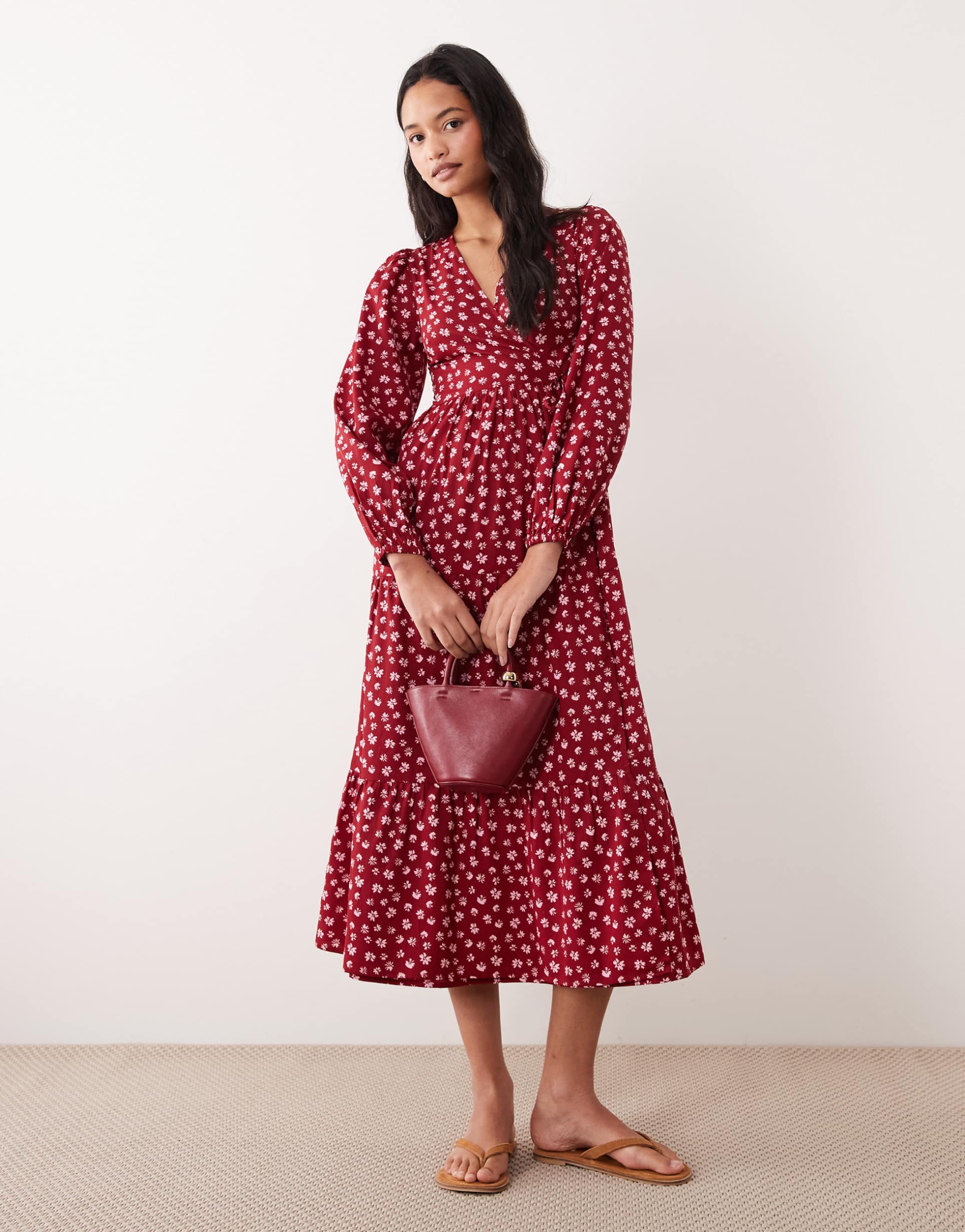 wednesday's girl long sleeve wrap midaxi dress in burgundy floral