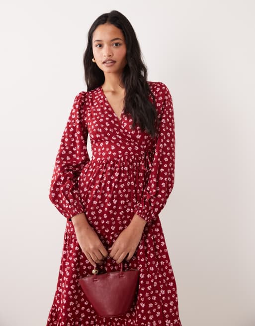Wednesday's Girl long sleeve wrap midaxi dress in burgundy floral