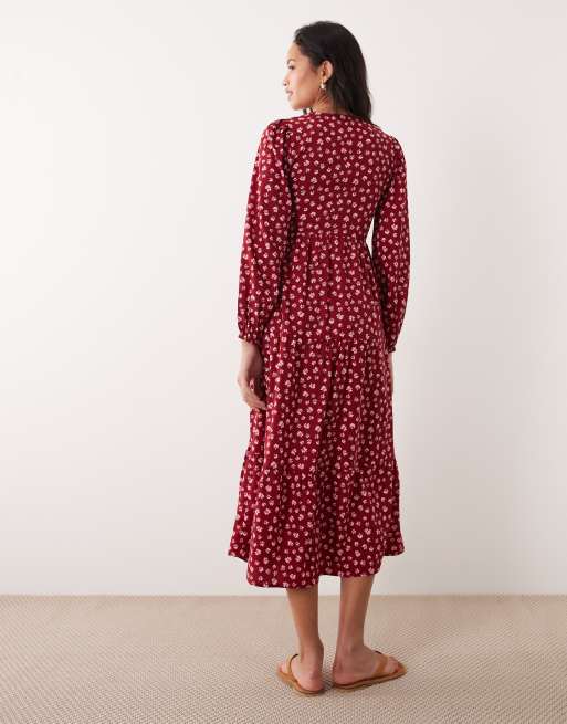 burgundy wrap dress long sleeve Burgundy Mother Of Bride Dress V-Neck Long Sleeves Tie Waist Ruffle Asymmetrical Midi Mother Of The Bride Dress