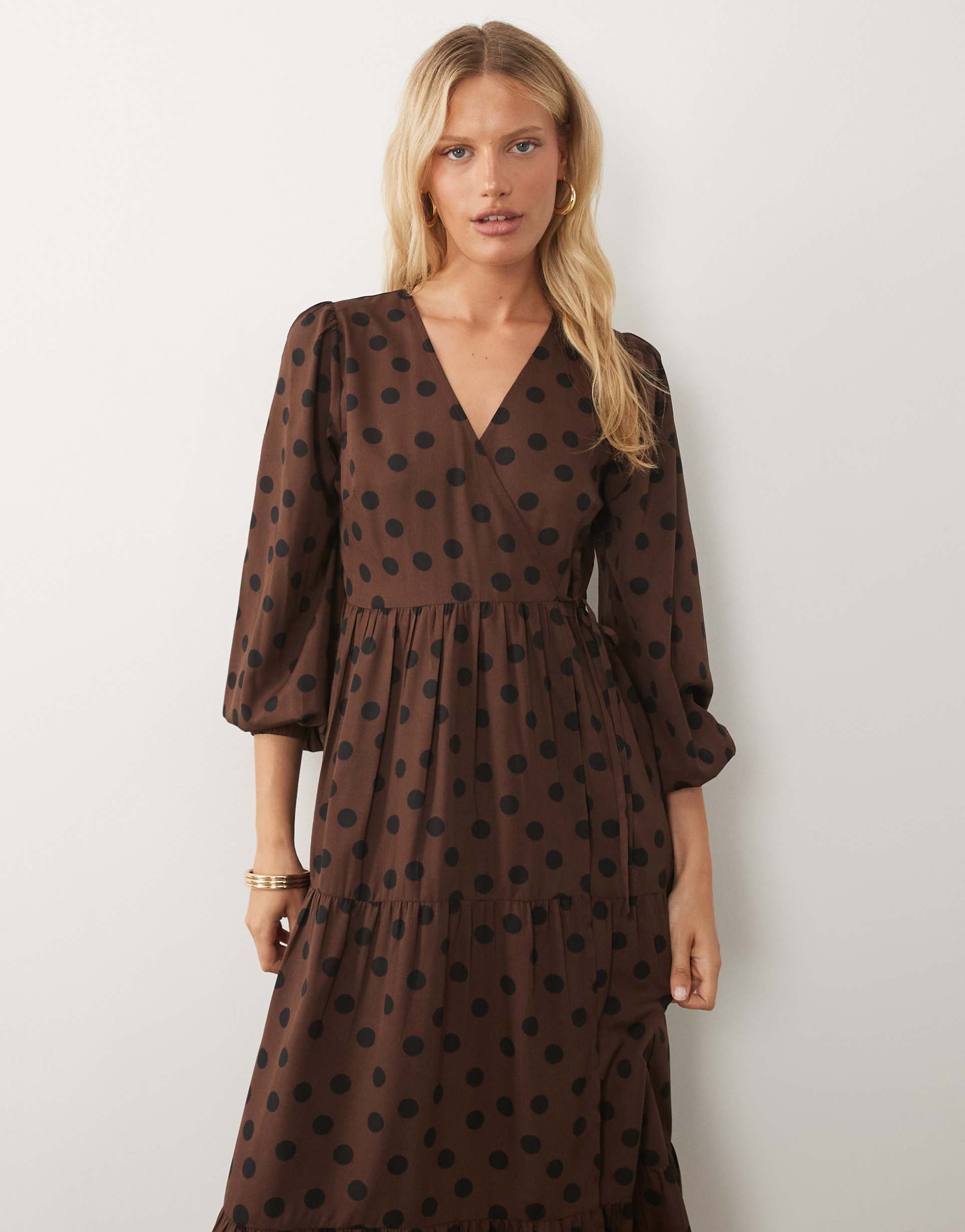 wednesday's girl long sleeve wrap midaxi dress in chocolate