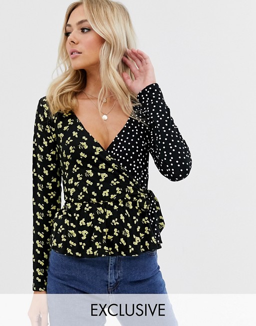 Wednesday's Girl long sleeve wrap top in floral spot mixed print