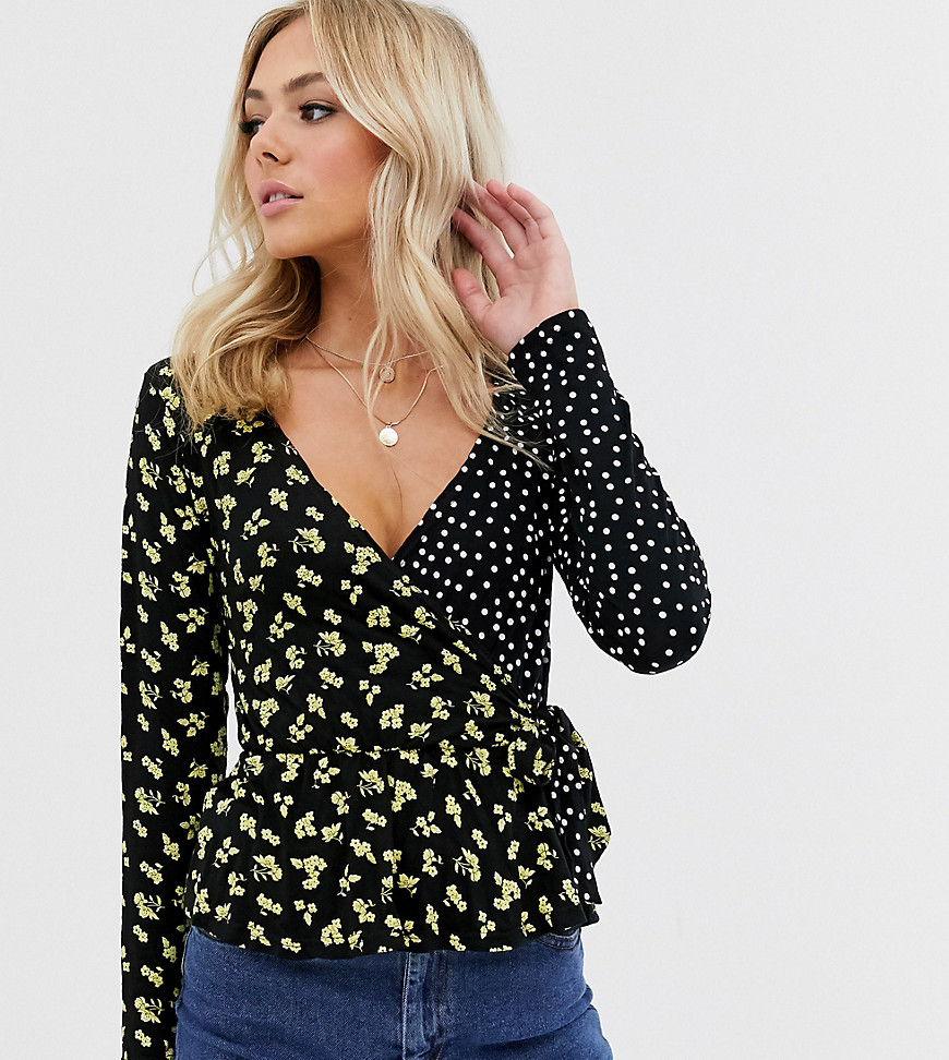 Wednesday's Girl long sleeve wrap top in floral spot mixed print-Black