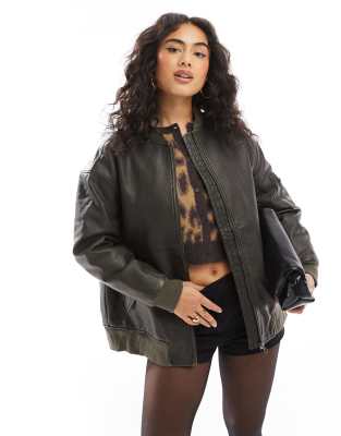 longline faux leather bomber jacket in washed khaki brown