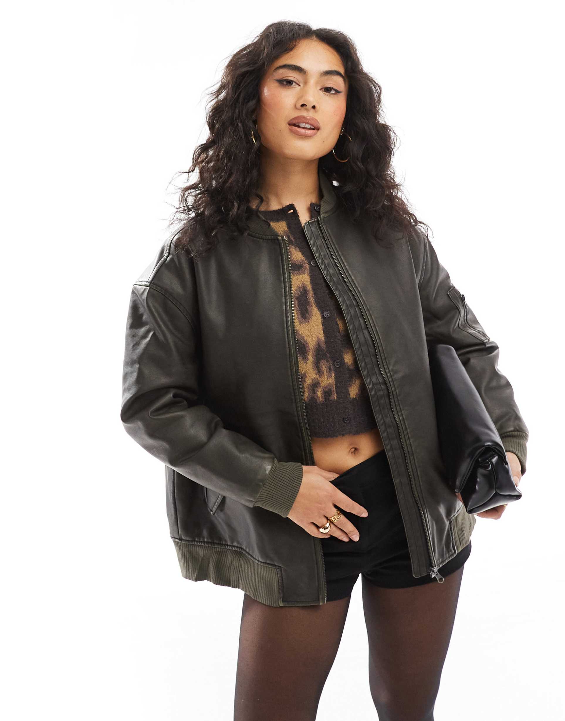 wednesday's girl longline faux leather bomber jacket in washed khaki brown