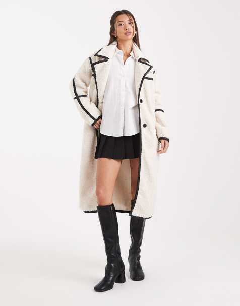 Wednesday's Girl longline fluffy borg midaxi coat in cream - view 1