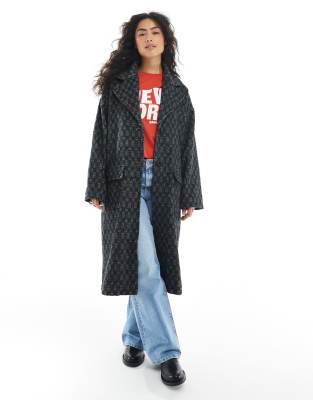 Wednesday's Girl - Longline-Mantel in Grau mit Fischgrätmuster