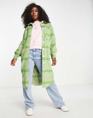 Wednesday's Girl Wednesday's Girl longline oversized shacket in green check-Multi