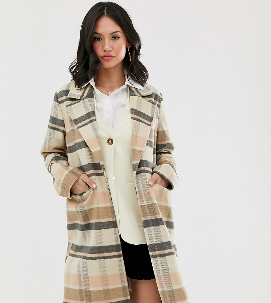 Wednesday's Girl longline wool coat in check-Brown