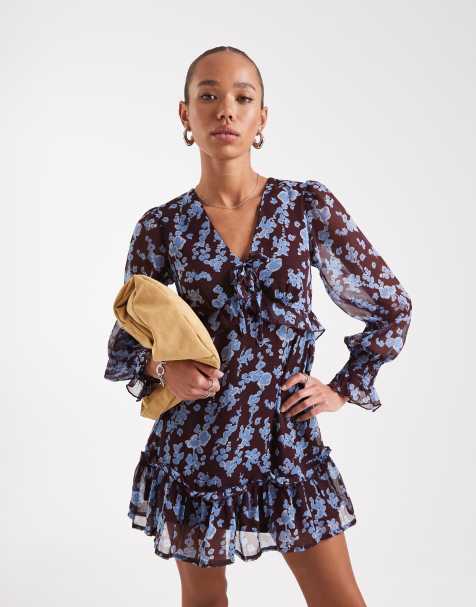 Wednesday's Girl – Luftiges Midikleid in Burgunderrot und Blau mit V-Ausschnitt und Blumenmuster - view 1
