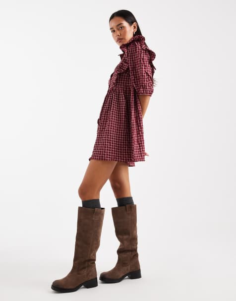 Wednesday's Girl check ruffle detail mini smock dress in dark red