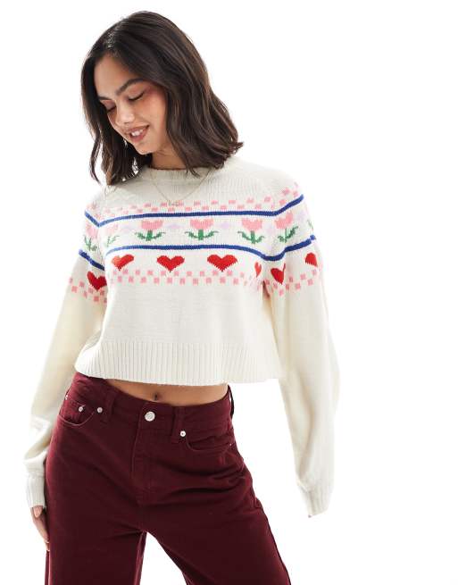 Wednesday's Girl - Maglione color crema con motivo Fair Isle a intarsio con fiori e cuoricini