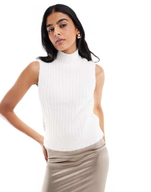 Wednesday's Girl - Maglione morbido color panna a coste senza maniche con collo a imbuto