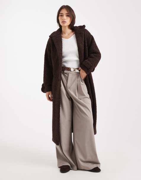Wednesday's Girl - Manteau longueur mollet en textile imitation peau de mouton duveteux avec ceinture - Marron - view 1