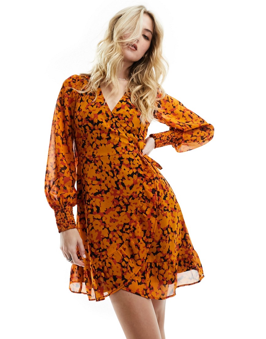 Wednesday’s Girl marigold floral wrap mini dress in yellow