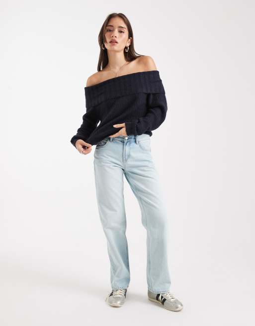 Wednesday's Girl - Marineblå og blød offshoulder-trøje i oversized pasform, 3 af 4