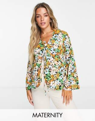 Blouse fendue à l'avant avec col et imprimé fleuri varié-Multicolore 40