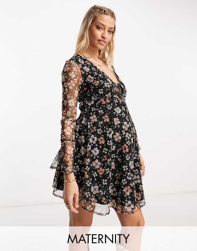 Wednesday's Girl Maternity delicate floral mesh mini dress with fluted sleeve in navy