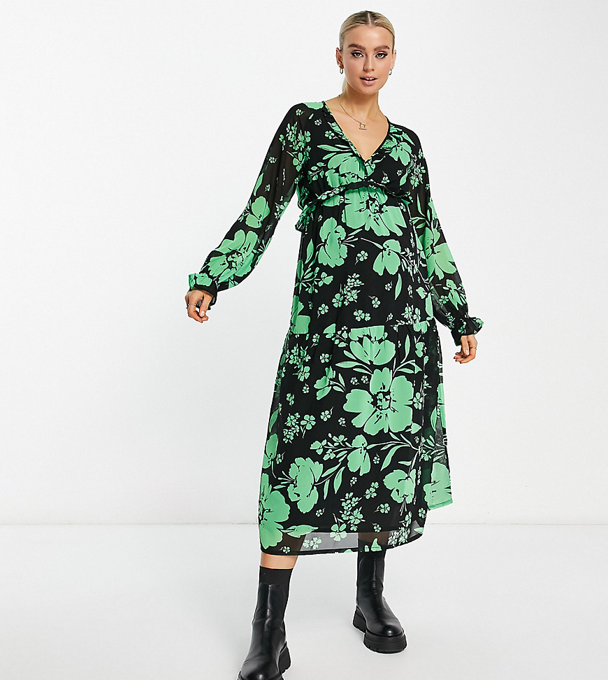 Wednesday’s Girl Maternity ditsy floral floaty v-neck midi dress in green and black