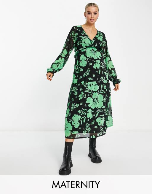  Wednesday's Girl Maternity ditsy floral floaty v-neck midi dress in green and black