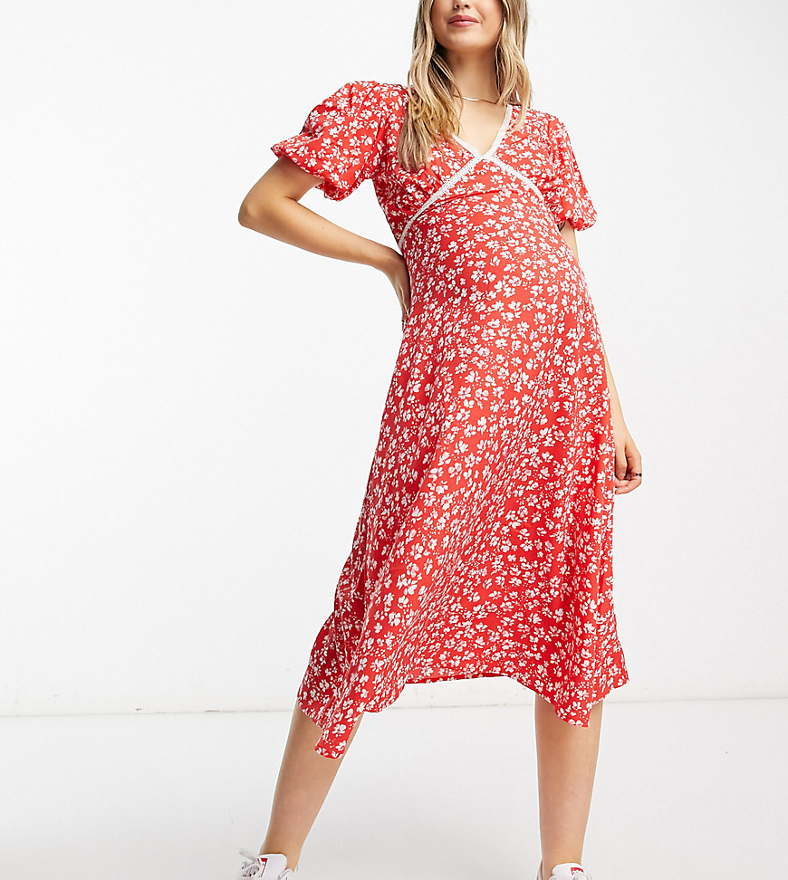 Wednesday's Girl Maternity ditsy floral lace detail midi dress in red
