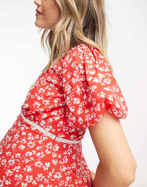 Wednesday's Girl Maternity ditsy floral lace detail midi dress in red | ASOS