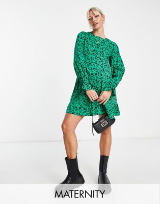 Wednesday's Girl Maternity ditsy floral long sleeve mini dress in emerald green