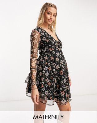Wednesday's Girl Maternity ditsy floral mesh mini dress with fluted sleeve in navy