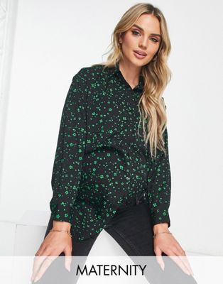 Wednesday's Girl Maternity ditsy print oversized shirt in black and green