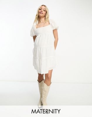 Wednesday’s Girl Maternity dobby cotton puff sleeve mini smock dress in white