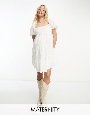 Wednesday's Girl Maternity Wednesday's Girl Maternity dobby cotton puff sleeve mini smock dress in white