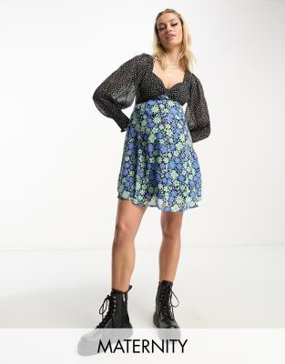 Wednesday's Girl Maternity Wednesday's Girl Maternity floral and polka dot spliced v-neck mini dress in multi