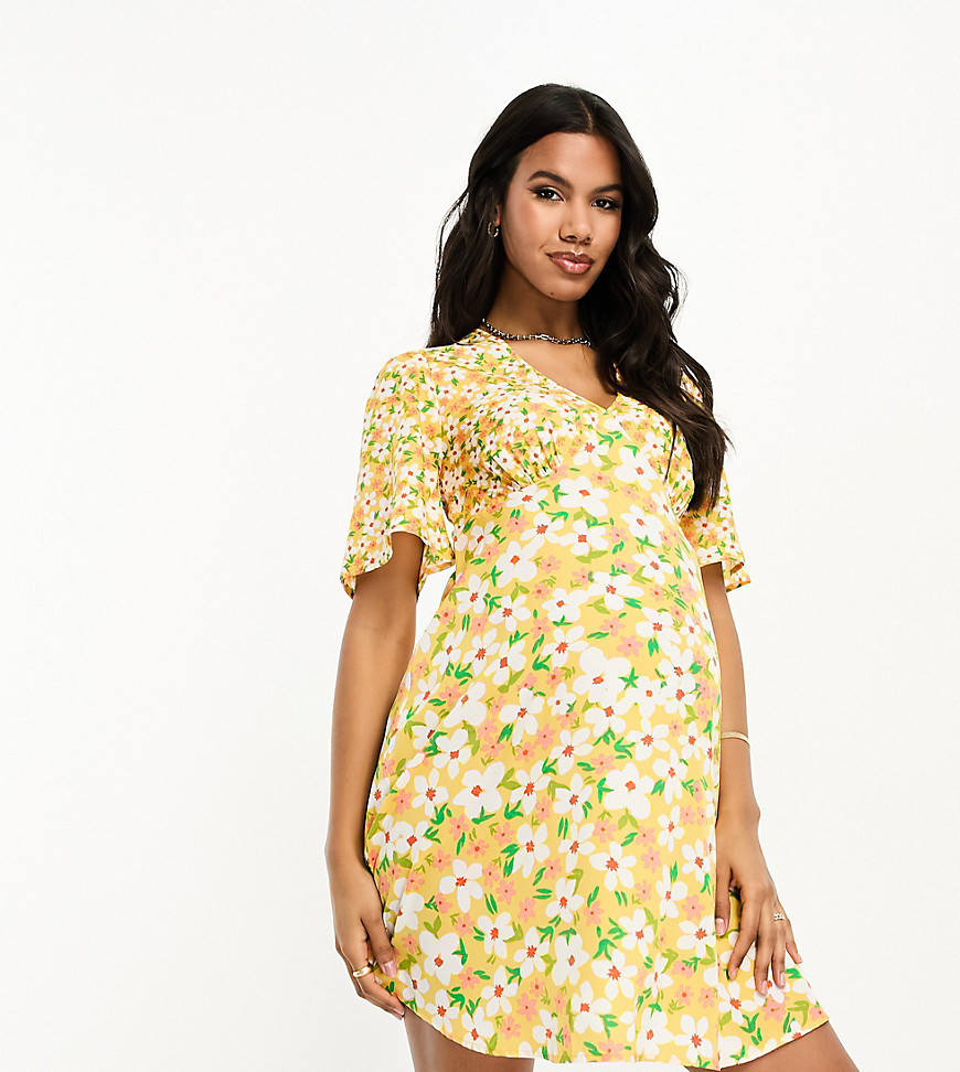 flutter sleeve floral print mini dress in yellow
