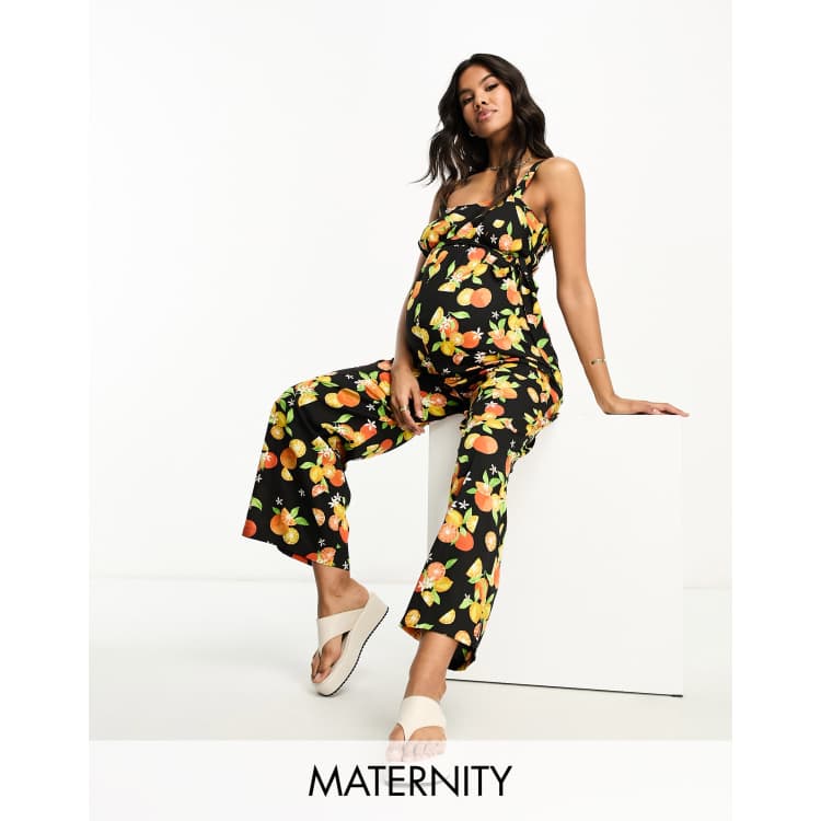 Wednesday's Girl Maternity fruit print wide leg jumpsuit in black