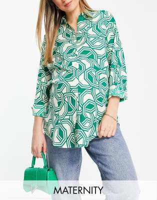 Wednesday's Girl Maternity geometric print oversized shirt in green