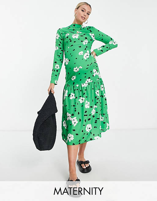 Wednesday's Girl Maternity high neck long sleeve midi smock dress in green floral