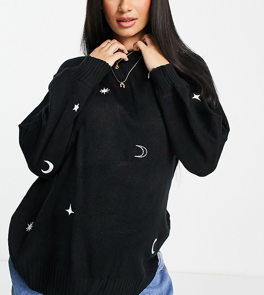 Wednesday's Girl Maternity jumper with celestial embroidery-Black