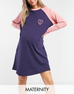 Wednesday's Girl Maternity Long Sleeve Raglan T-shirt Nightdress With Embroidered Heart-blues