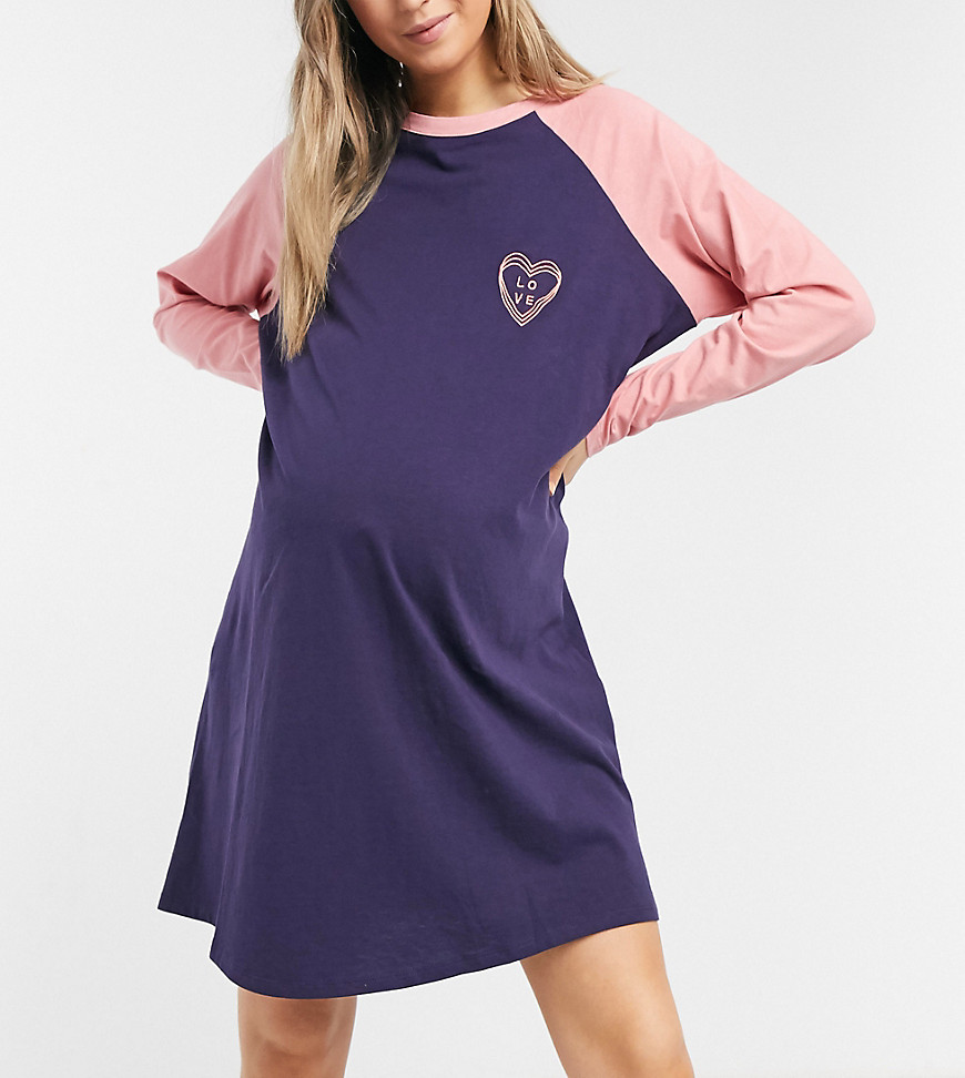Wednesday's Girl Maternity long sleeve raglan t-shirt nightdress with embroidered heart-Blues