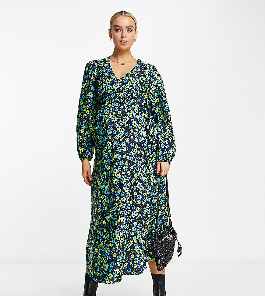 Wednesday's Girl Maternity long sleeve wrap maxi dress in blue ditsy floral-Green