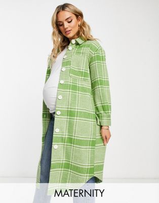 Wednesday's Girl Maternity longline oversized shacket in green check-Multi