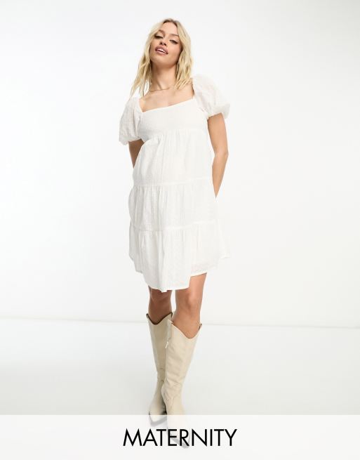 Wednesday's Girl Maternity – Luźna biała sukienka mini z bufkami z bawełny dobby