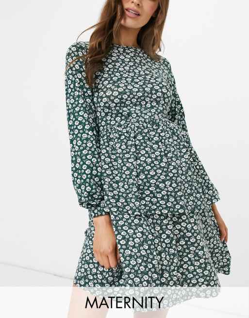 Wednesday's Girl Maternity – Luźna sukienka z długim rękawem i kwiatowym wzorem w stylu retro