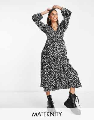 Wednesday's Girl Maternity Micro Floral Wrap Detail Midi Dress In Black