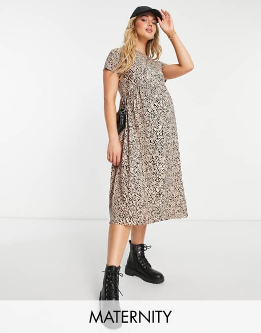 Wednesdays Girl Maternity Midi Smock Dress In Beige Smudge Spot Print