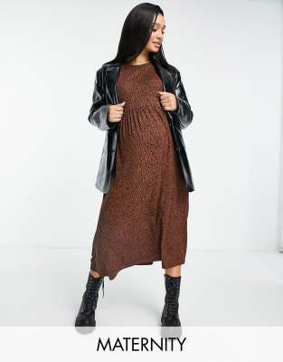 Wednesday's Girl Maternity midi smock dress in brown smudge spot print