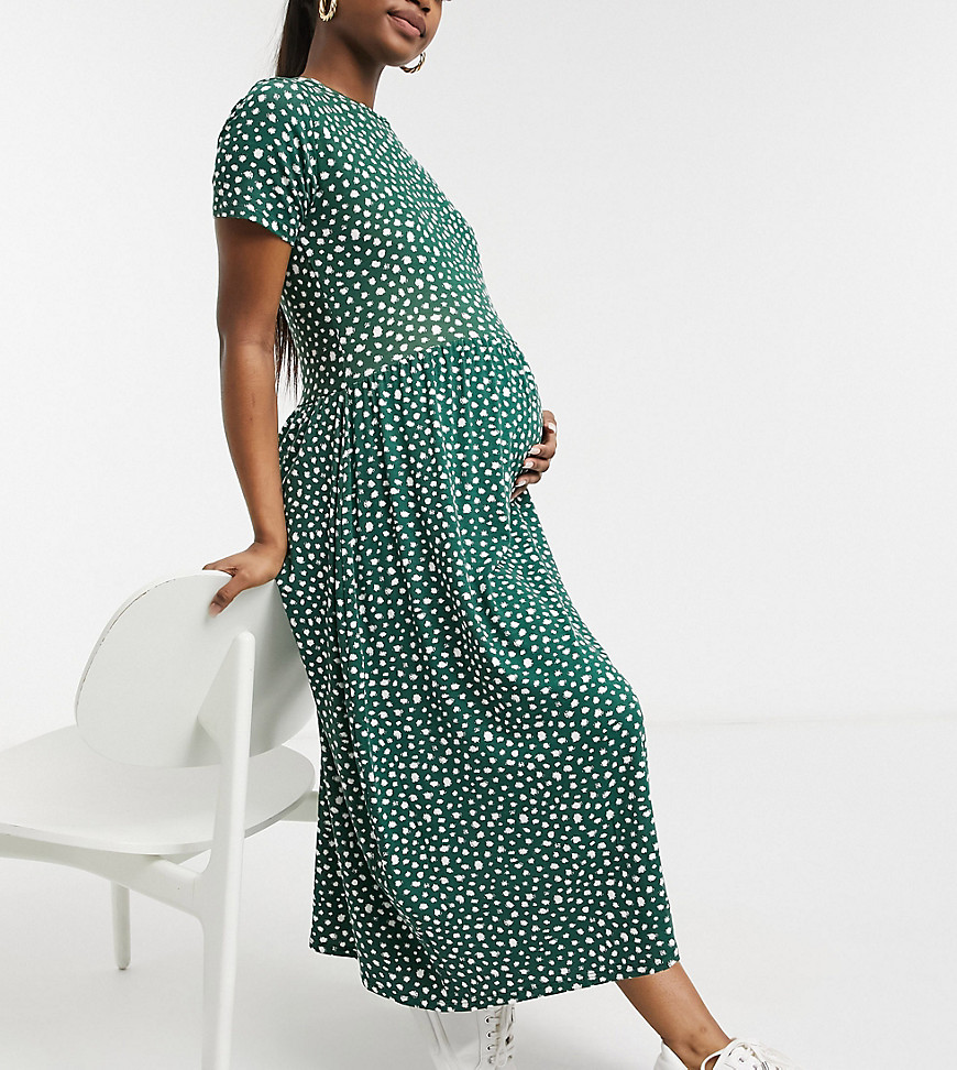 Wednesday's Girl Maternity midi smock dress in smudge polka dot-Green