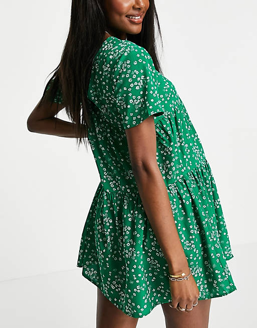  Wednesday's Girl Maternity mini smock dress with tiered skirt in green ditsy floral 